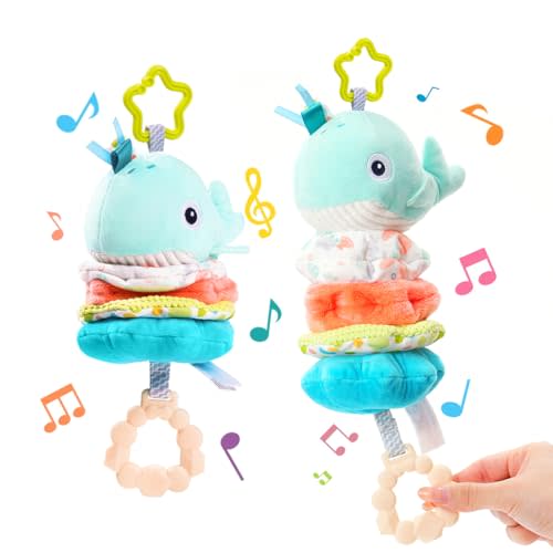 Jollybaby Baby Musical Pull String Hanging Toy for Stroller Car Seat Crib Play Gym, Plush Stuffed Whale Toy for Carseat with Music Teether Crinkle Paper, Sensory Toy for 0-6-12-18 Months Baby Gift