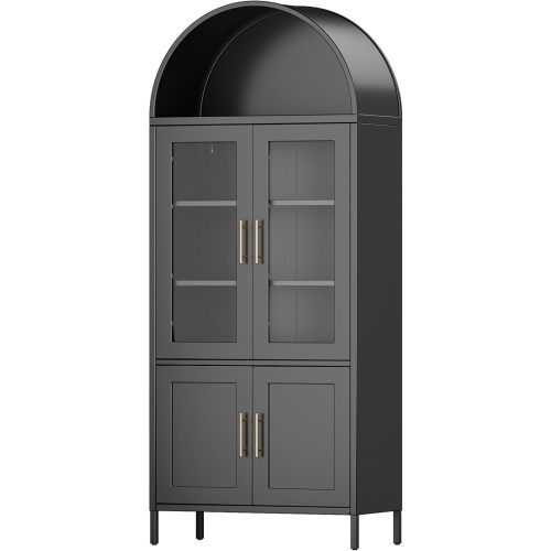 73'' Arched Kitchen Pantry Storage Cabinet with Doors/Shelves, Black Arched Bookcase Display Cabinet for Home Office Bar Living Room, Assemble Require