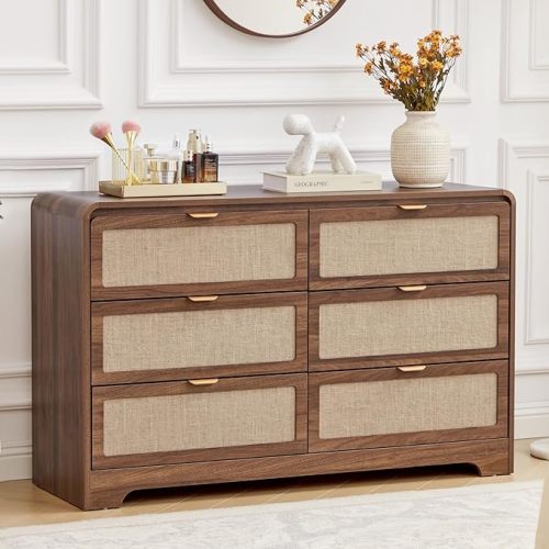 6 Drawer Dresser for Bedroom, 48" Wide Curved Wooden Dresser with Natural Linen & Metal Handle, Mid Century Modern Chest of Drawers Closet Clothes Storage Organizer for Living Room, Walnut