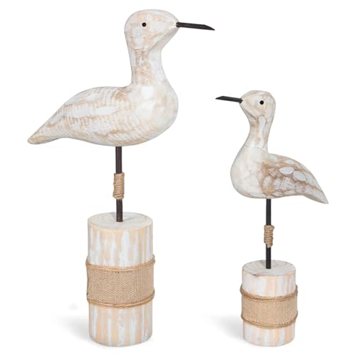 Wooden Sea Birds Statues Coastal Decor, White Seagull Statues for Nautical Coastal Beach Ocean Home Decoration