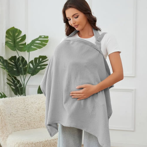 Nursing Cover for Baby Breastfeeding with Rigid Hoop, Breathable Soft 100% Muslin Cotton, Baby Breast Feeding & Pumping Apron (Grey)