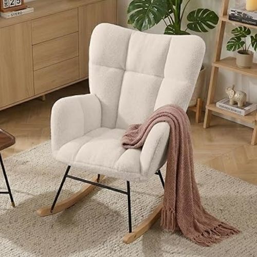Nursery Rocking Chair, Teddy Upholstered Glider Chair with Thick Cushion, Tufted Gliding Rocker Chair with Wood Leg, Cozy Rocking Armchair, Accent Rocking Chair for Living Room (Ivory)