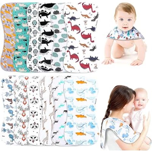 Baby Burp Cloths & Baby Bibs 2-in-1 Design Large Size 3 Layers Thicken Cotton Super Absorbent and Soft Baby Spit Up Burping Rags Baby Burp Cloth Set for Boys and Girls Solid 12 Pack