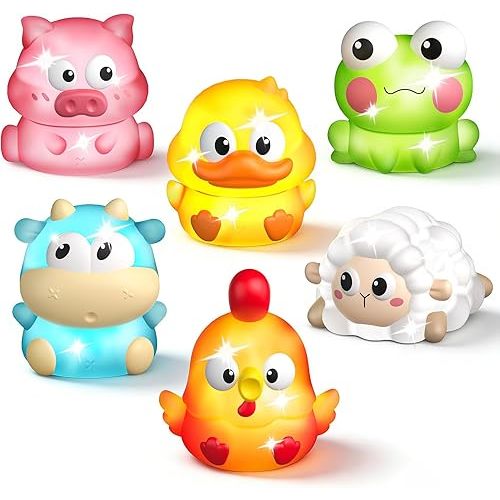 6 Packs Light Up Bath Toys for Kids Ages 1-3, Farm Animals Bathtub Toys