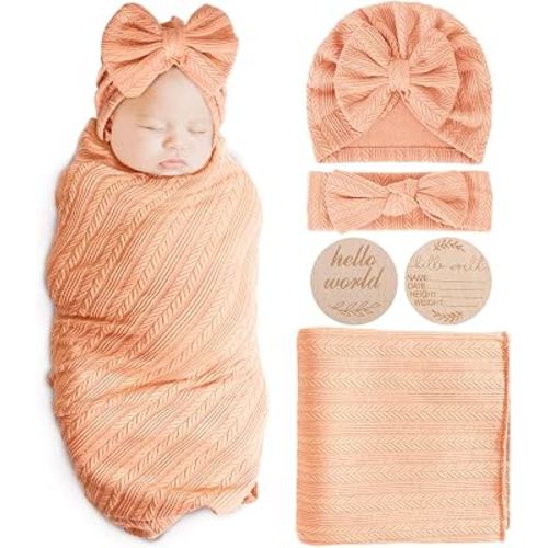 AQOKKA Newborn Receiving Blanket with Bow Hat Headband Wooden Card Set Wheat-Pattern Newborns Toddler Baby Boy Girl Nursery Swaddle Wrap