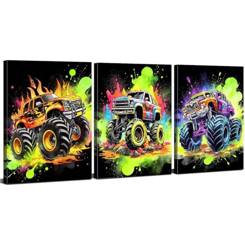 Hot Wheels Bedroom Decor Graffiti Monster Truck Wall Art for Boys Room Colorful Car Pictures Baby Toddler Playroom Canvas Prints Watercolor Vehicle Posters Artwork Bathroom Home Decorations 12x16" 3P