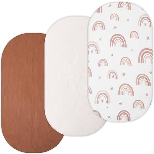 TansyPanda Muslin Bassinet Sheets for Dream On Me Karley, Lacy, Graco, Fisher-Price, Regalo Bassinet, 3 Pack, 16 x 32 Inch, Ultra Soft, Breathable, Snug Fit, Unisex Boys and Girls, Brown Rainbow