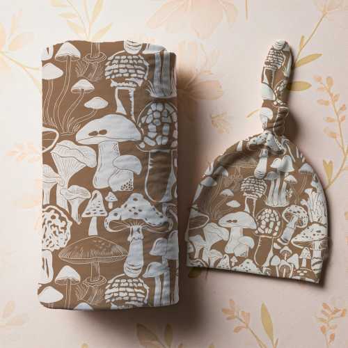Forager’s Garden Mushroom Swaddle – Brown Woodland Baby Blanket