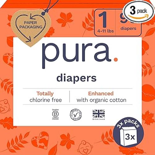 Pura Hypoallergenic Diapers, Size 1 (4-11lbs), Newborn, Totally Chlorine Free, Wetness Indicator, Suitable for Sensitive Skin, Soft Organic Cotton Comfort, Overnight, 3 Packs of 32 (96 Baby Diapers)