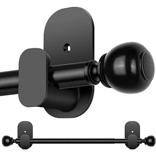 USFOOK Black No Drill Curtain Rods for Windows 48 to 84 Inches, 5/8 Inch Curtain Rods No Drilling with 3M Adhesive Holders, Adhesive Drapery Rod with Round Finials