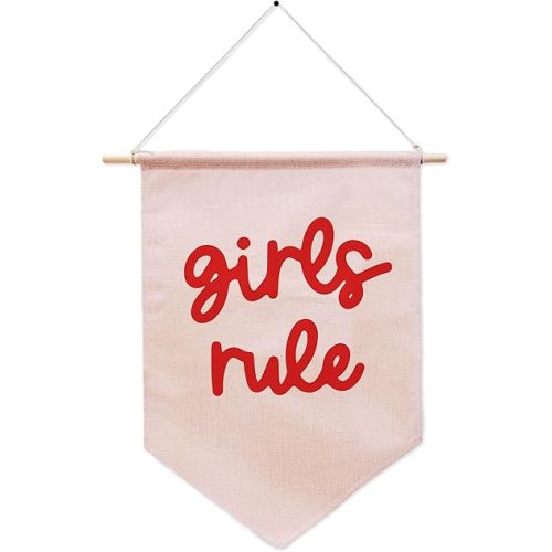 Girls Rule Pennant Flag - Retro Wall Decor for Teen Girls Room, Pink Bedroom Banner, Unique Gift for Daughters & Besties. (017)