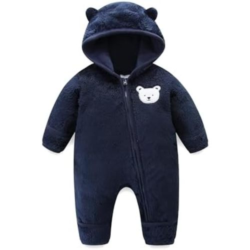 Newborn Baby Fleece Jumpsuit Unisex Infant Bear Hooded Onesie with Mitten Cuffs Winter Warm Snowsuit Outfit