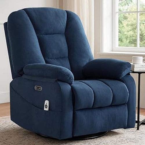 Power Swivel Rocker Recliner Chair for Adults, Electric Rocking Recliner with Massage and Heat for Living Room Bedroom, Fabric Reclining Sofa Chair with USB and Type-C Ports,Navy Blue