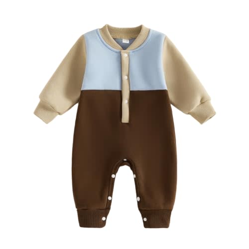 Kupretty Baby Winter Outfit Fleece Colorblock Romper Jumpsuit | Baby Boy Girl Clothes 0 3 6 12 18 Months Fleece Lined Contrast Color Jumpsuit Romper Newborn Warm Fall Winter Clothing