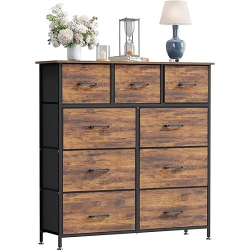 PayLessHere Fabric Dresser,Wide Chest of Drawers Storage Unit with Metal Frame and Wood Top,Organizer for Bedroom,Living Room,Entryway (9-Drawer, Brown)