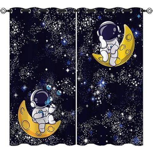 Space Blackout Curtains for Girls Boy Home Decor, Cute Astronaut Cartoon Starry Stars Moon Grommet Thermal Insulated Drapes Darkening Window Curtain for Bedroom Living Room, 42 x 45 Inch