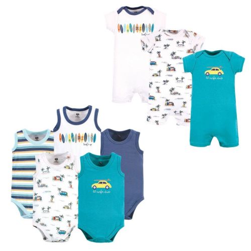 Hudson Baby Infant Boys Cotton Bodysuits and Rompers, 8-Piece, Surfer Dude, 0-3 Months