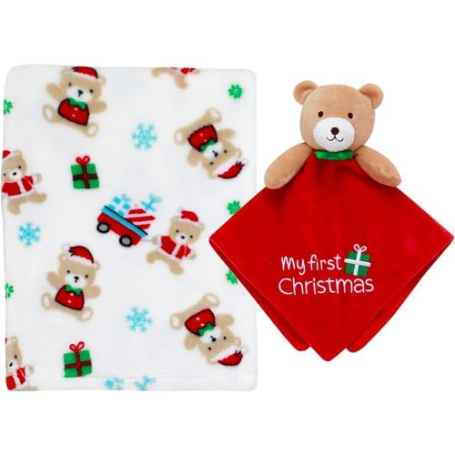 2-Piece Cuddle Plush Toy and Baby Blanket Gift Set, My First Christmas Embroidery (Red Bear Print, 30"x 34")