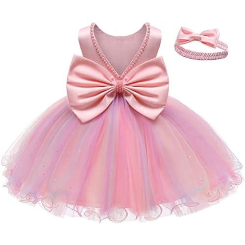 LZH Baby Girls Dress Ruffle Lace Backless Bowknot with Headwear Pageant Party Flower Wedding Dresses