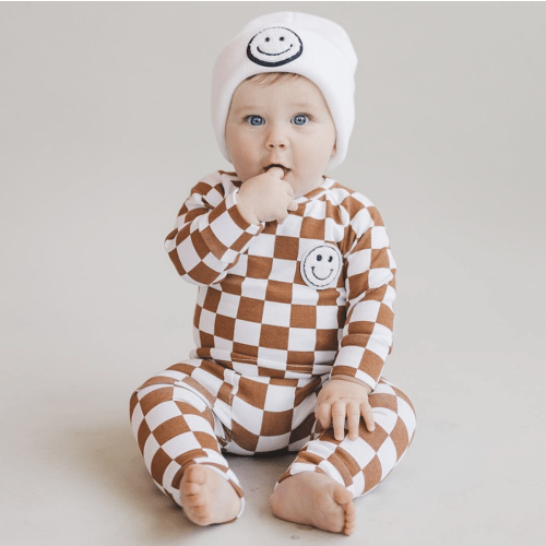Lucky Panda Kids Checkered Smiley Lounge Set | Copper – AveryBelle