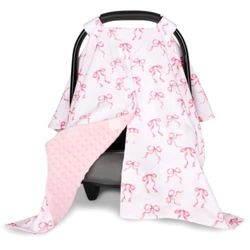 Pink Car Seat Cover Baby Girl, Peekaboo Infant Car Seat Cover Summer, Multi-Use Newborn Carseat Canopy, Nursing Cover, Blanket, Pink Bow