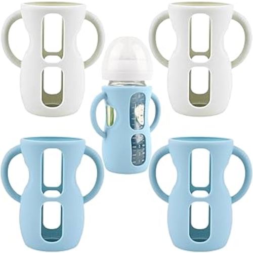 4 Pack Silicone Sleeves for Avent Natural Glass Baby Bottles, Silicone and Easy-Grip Handles for Drop Protection, Compatible with Philips Avent 4/8 OZ Glass Bottle (2 White+2 Blue, 8 OZ)