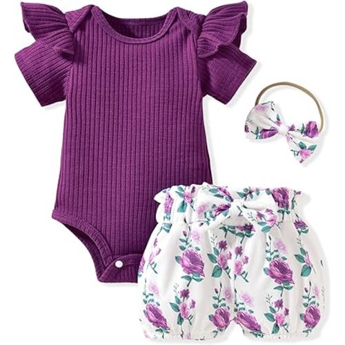 Aalizzwell Traje de verano con pantalón corto y acanalado para bebé niña