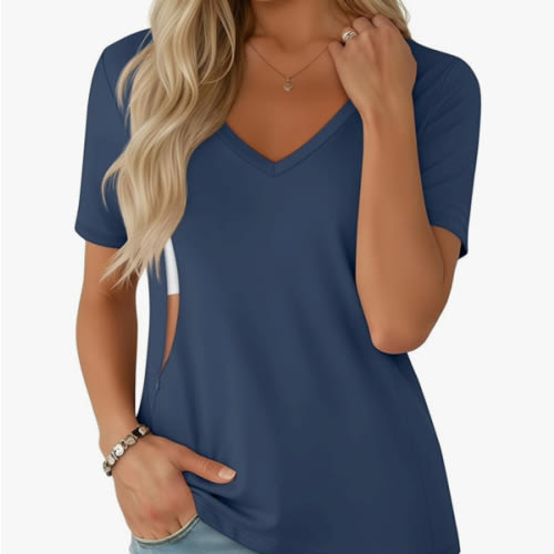 Women's Nursing Breastfeeding Shirts with Hidden Zipper Maternity V Neck Short Sleeve Tops Loose Pregnancy Tees
