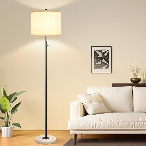 【Upgraded】Dimmable Gold Floor Lamps for Living Room, 11W LED Bulb Included, Modern Standing Lamp with Marble Base, Tall Pole Light with White Linen Shade for Bedroom Reading Office Corner Nursery