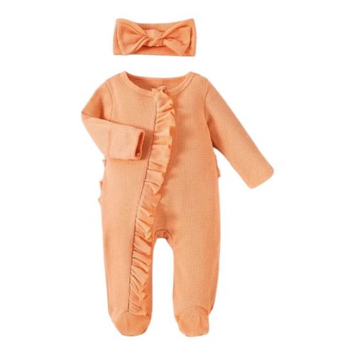 Baby Girls Ribbed Ruffle Zipper Footie with Headband