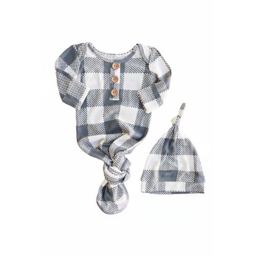 Big Check Bamboo Waffle Newborn Baby Knot Gown & Hat Set | Denim