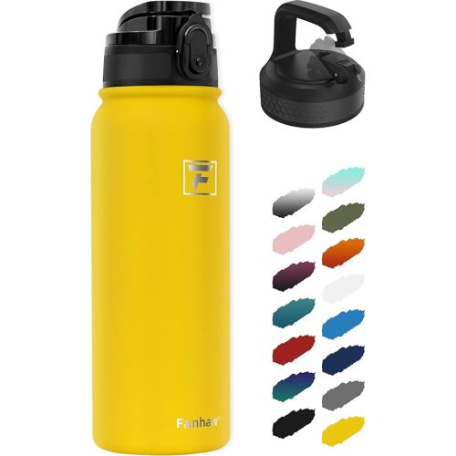 Fanhaw 20 Oz Insulated Stainless Steel Vacuum Water Bottle with 2 Lids (Pop-Open & Carabiner Lid) - For Kids, Women, Men | Leak & Sweat Proof (Yellow)