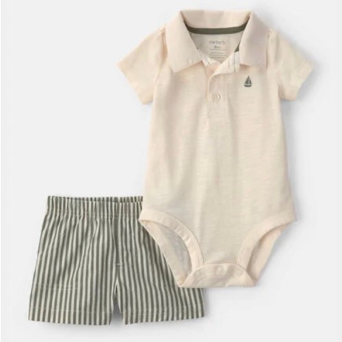 Baby Boy 2-Piece Polo Shirt & Short Set - Cream/Green | Carter's