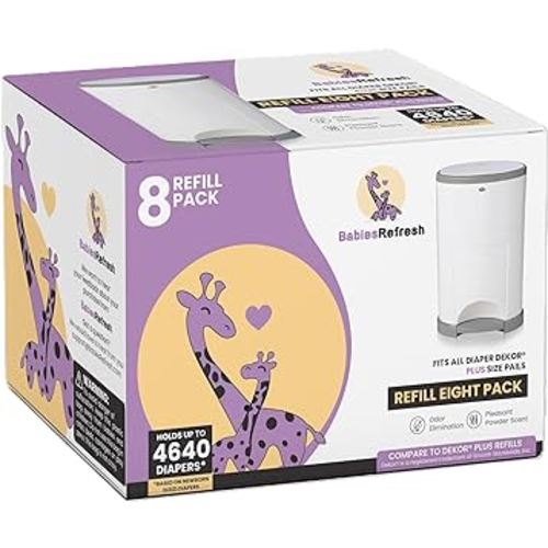 Refills Compatible with DEKOR PLUS Diaper Pail Refills | 8 Pack | Diaper Pail Odor Eliminator| Fresh Powder Scent | Each Diaper Bag Refill Holds up to 4640 Diapers | Diaper bin refill