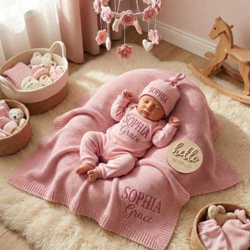 Embroidered Baby Girl Name Outfit Set with Cotton Blanket, Cotton Romper & Hat Set, Baby Coming Home Set, Baby Shower Gift Keepsake