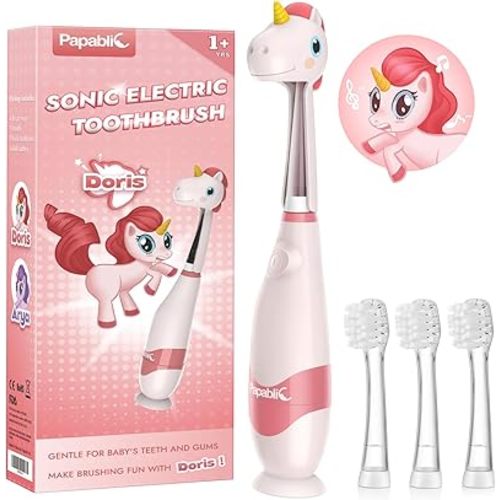 Papablic Toddler Sonic Electric Toothbrush Kids for Ages 1-3 Years, Baby Electric Toothbrush with Cute Unicorn Cover and Smart LED Timer, 4 Brush Heads (Doris)