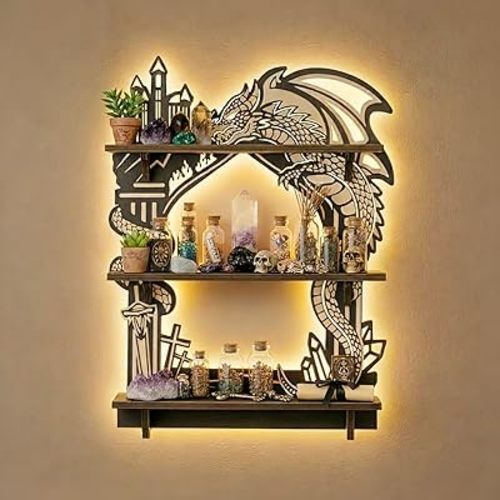 Wooden Dragon Shelf, Gothic Trinket & Knick Knack Shelves, Witchy Fantasy Dragon Decor with LED Light, Floating Shelf for Crystals Rocks Gems Healing Stones Display, Essential Oil Wall Shelf