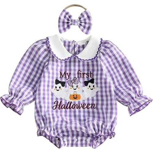 My First Halloween Baby Girl Outfit Pumpkin Ghost Plaid Bubble Romper