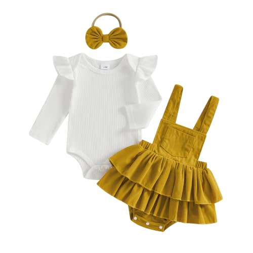 Baby Girl Fall Winter Romper Corduroy Overalls Dress Sets 0-18M | Long Sleeve Romper, Corduroy Dress, Floral Overall Dress, Fall Winter Outfit, Bodysuit, Snap Closure for Easy Diaper Changes
