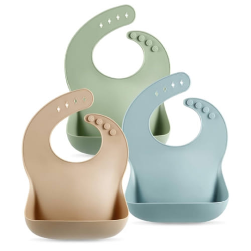 PandaEar Set of 3 Silicone Baby Bibs Waterproof, Soft, Unisex, 10-72 Months (Brown/Blue/Green)