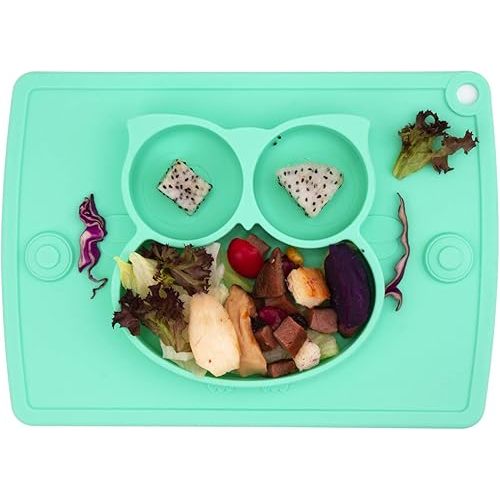 Silicone Divided Toddler Plates - Portable Non Slip Suction Plates Placemat for Children Babies and Kids BPA Free Baby Dinner Plate Bowl (Owl-Cyan)
