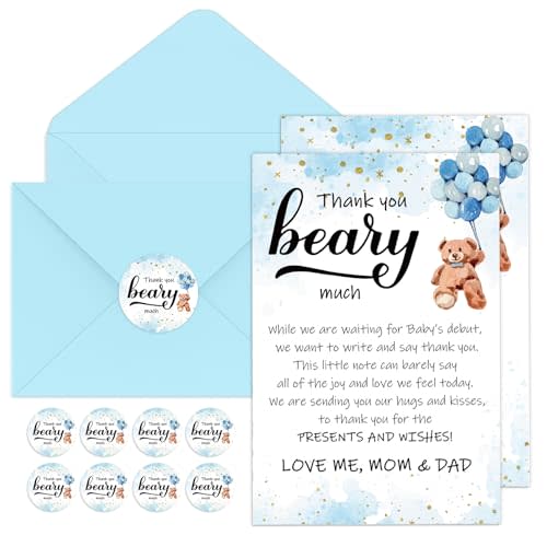 Kisston 50 Sets Bear Baby Shower Thank You Cards 4 x 6 Inch Bear Greeting Cards with 50 Envelopes and Stickers Gift Card for Baby Shower Gender Reveal Birthday Party Favor Supplies for Girl Boy(Blue)