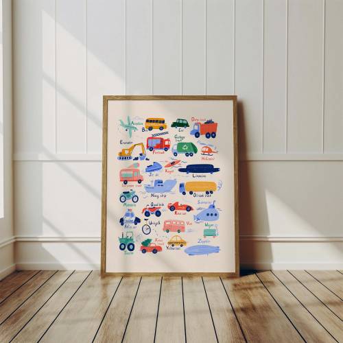 Transport Alphabet Poster for Children's Nursery. Educational Wall Art with bright watercolor vehicles