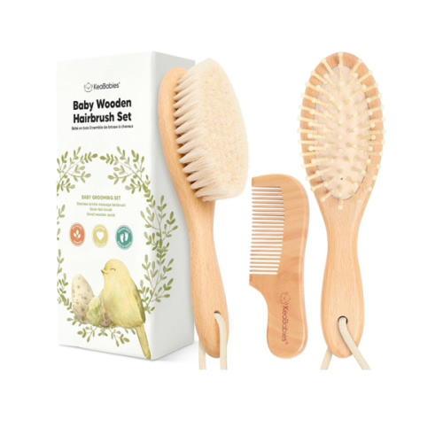 Baby Hair Brush and Comb Set for Newborn - Wooden Baby Hair Brush Set with Soft Goat Bristle, Baby Brush Set for Newborns Baby Brush and Comb Set Girl, Boy, Toddler Cradle Cap Brush (Oval, Walnut)