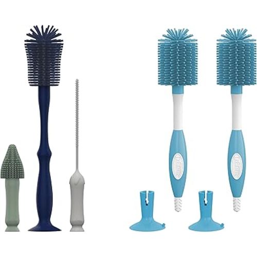 Dr. Brown's Silicone Cleaning Brush Set with Bottle, Spout, and Straw Brush, 3-Pack + Soft Touch No Scratch Baby Bottle Cleaning Brush, Blue, 2-Pack