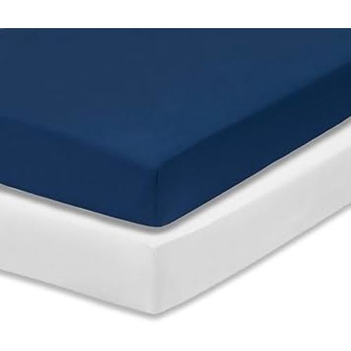 Everyday Kids 2-Pack Fitted Crib Sheets, 100% Soft Breathable Microfiber Baby Sheet, Fits Standard Size Crib Mattress 28in x 52in, White Nursery Sheet and Navy Nursery Sheet