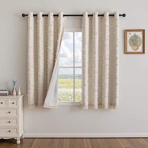 MYSKY HOME Beige Pom Pom Blackout Curtains for Girls Bedroom 63 Inch Long 100% Room Darkening Curtain for Kids Room 2 Panels Small Window Treatment Grommet 2 Layered Drapes Toddler 50W x 63L