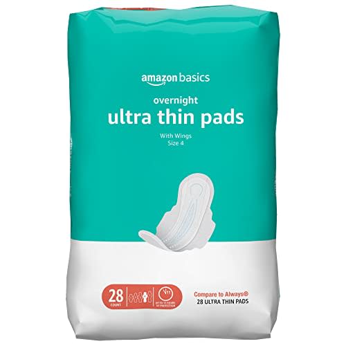 Amazon Basics Overnight Pads for Women, Ultra Thin with Flexi-Wings, Unscented, Size 4, 28 Count, 1 Pack (Previously Solimo)