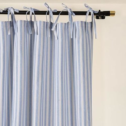 THE ART BOX Gauze Striped Curtains,Boho Linen Tie Top Hanging Curtains Light Filtering Door Window Treatment 2 Panel Curtain Drapes for Living Room Bedroom Light Blue Stripes (96''x42'' Each Panel)