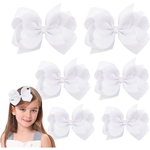 White Hair Bows For Girls and Toddler - 6 pcs White Bow 6 inch ×2, 4 inch ×2, 3 inch ×2